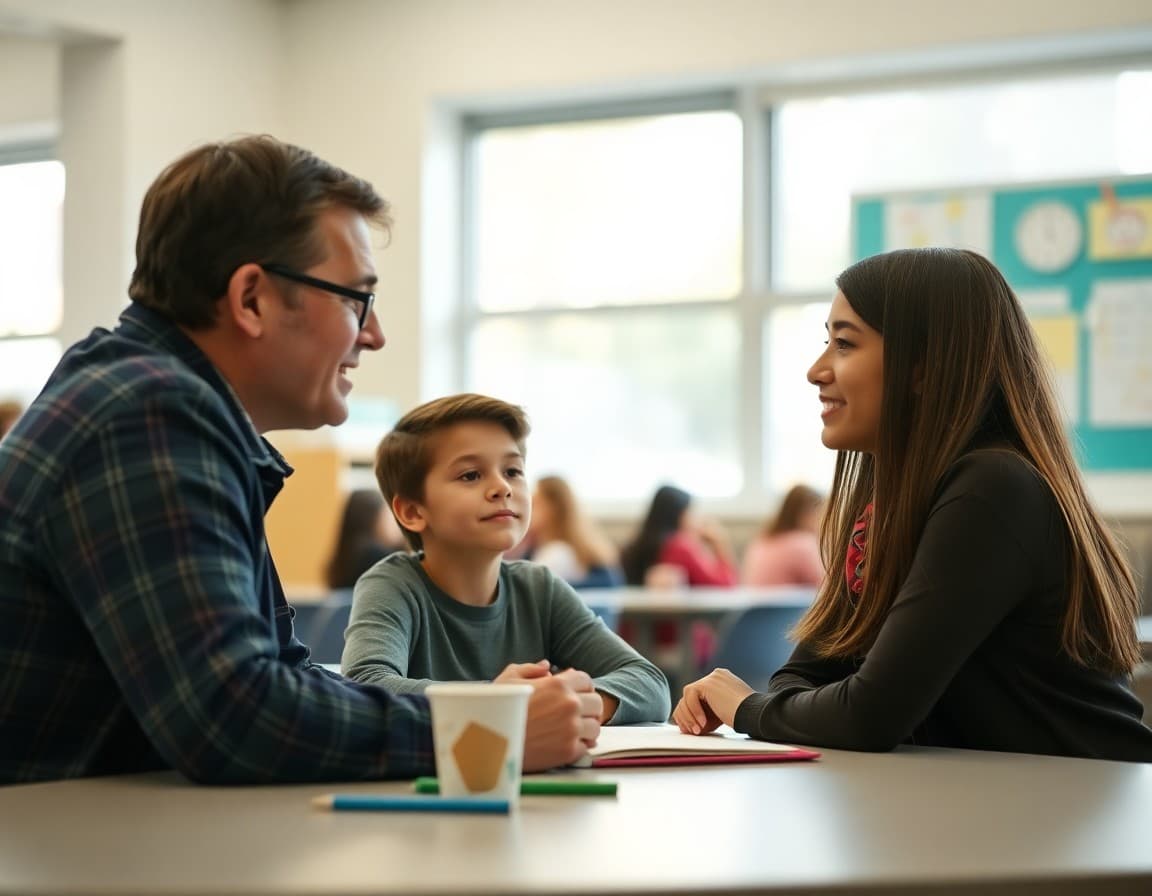 Parent and middle school student talking with a teacher at a conference