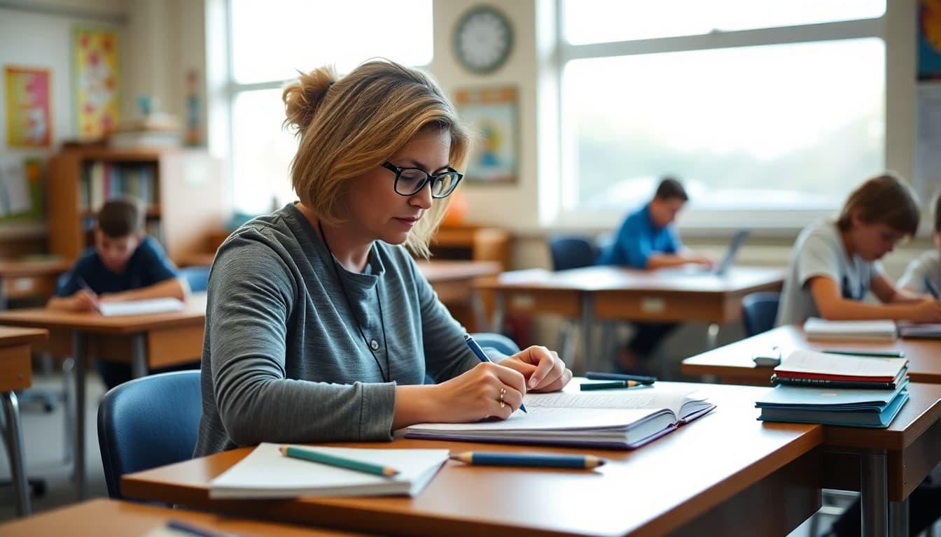 Middle school teacher in California writing a parent newsletter at a desk with student work