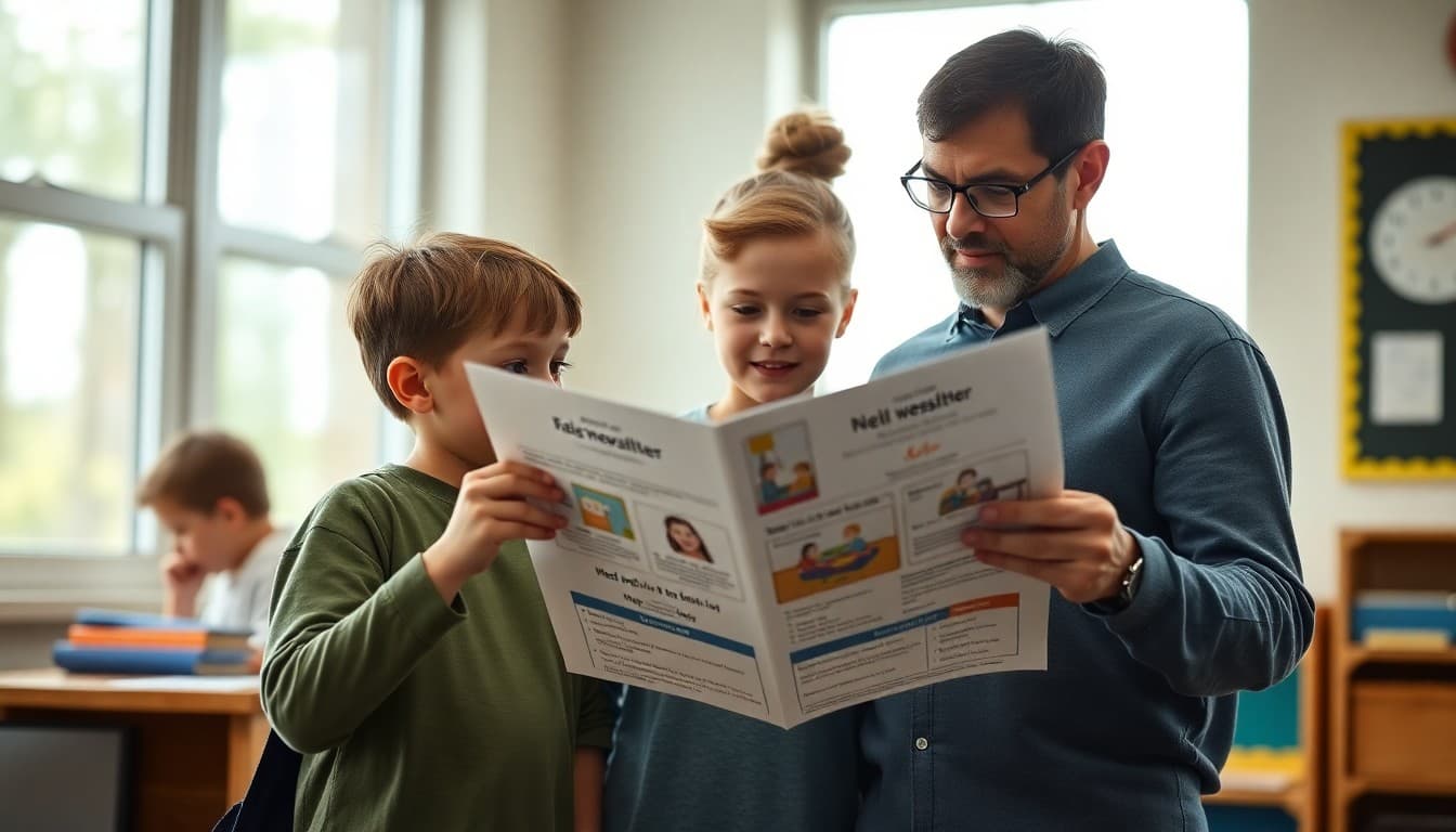 Middle school students and a parent reviewing a school newsletter together