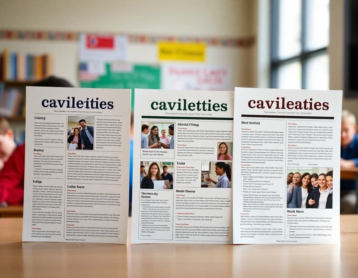 Three civics newsletter examples printed side by side showing different formats for middle school