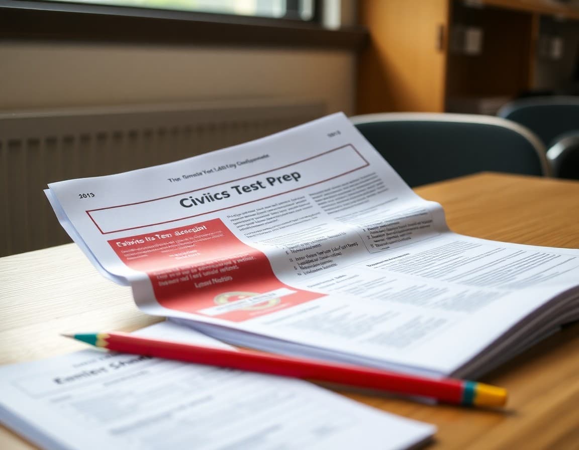 Civics test prep newsletter for middle school printed beside study notes and a pencil