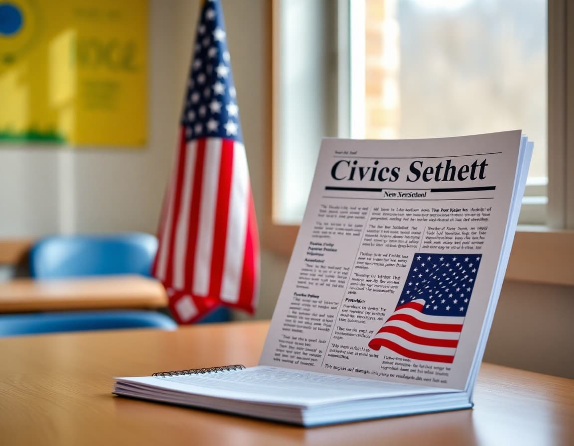 Civics unit newsletter for middle school printed beside a small American flag and notebook