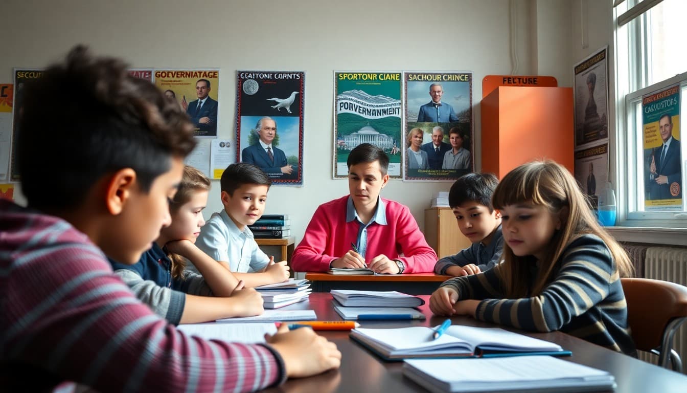 Middle school students studying civics with a teacher in a classroom with government posters