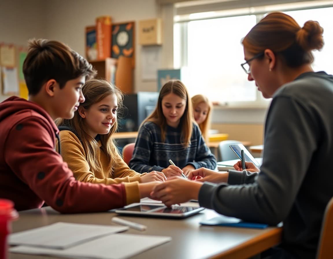 Colorado middle school students and teacher working together in a classroom group activity