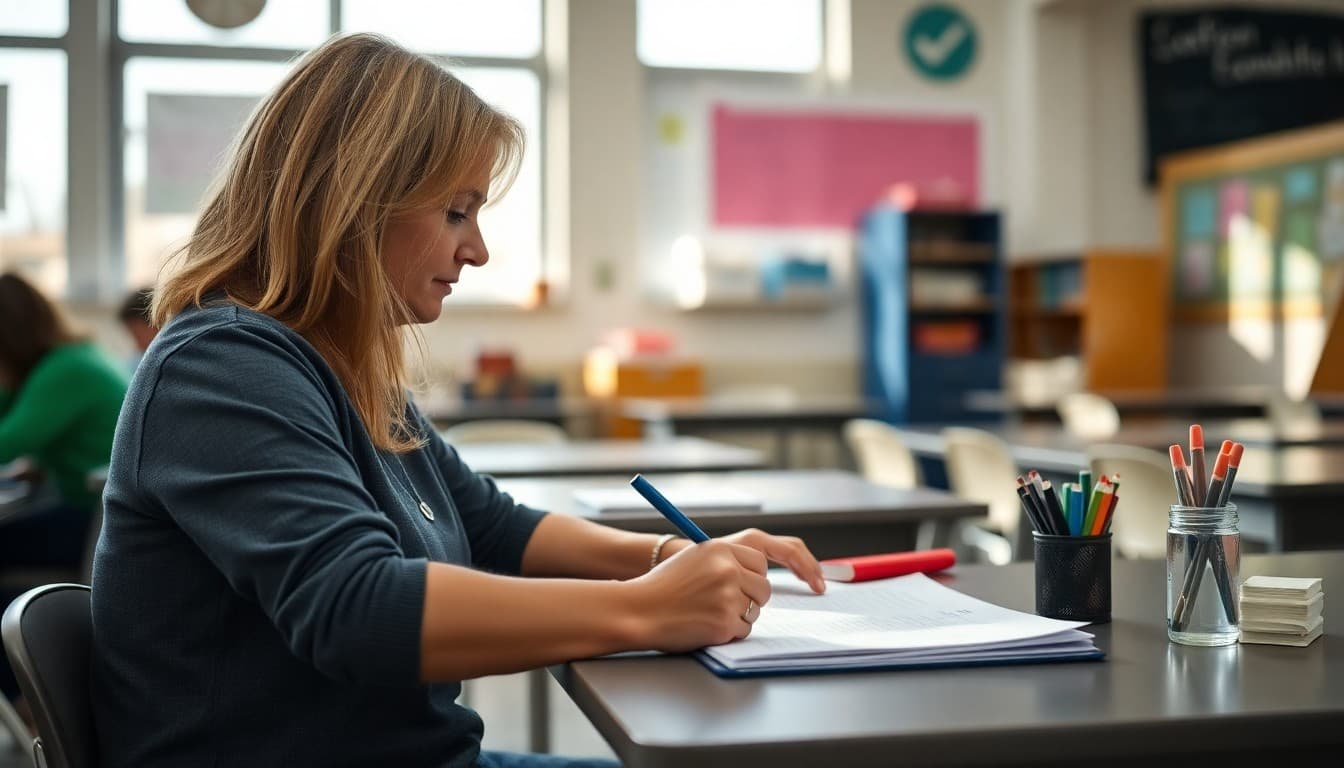 Middle school teacher in Colorado writing a parent newsletter at a desk in a classroom