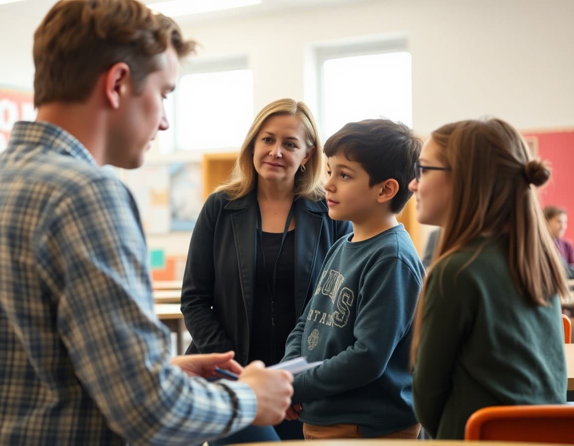 Parent and middle school student talking with a teacher at a conference