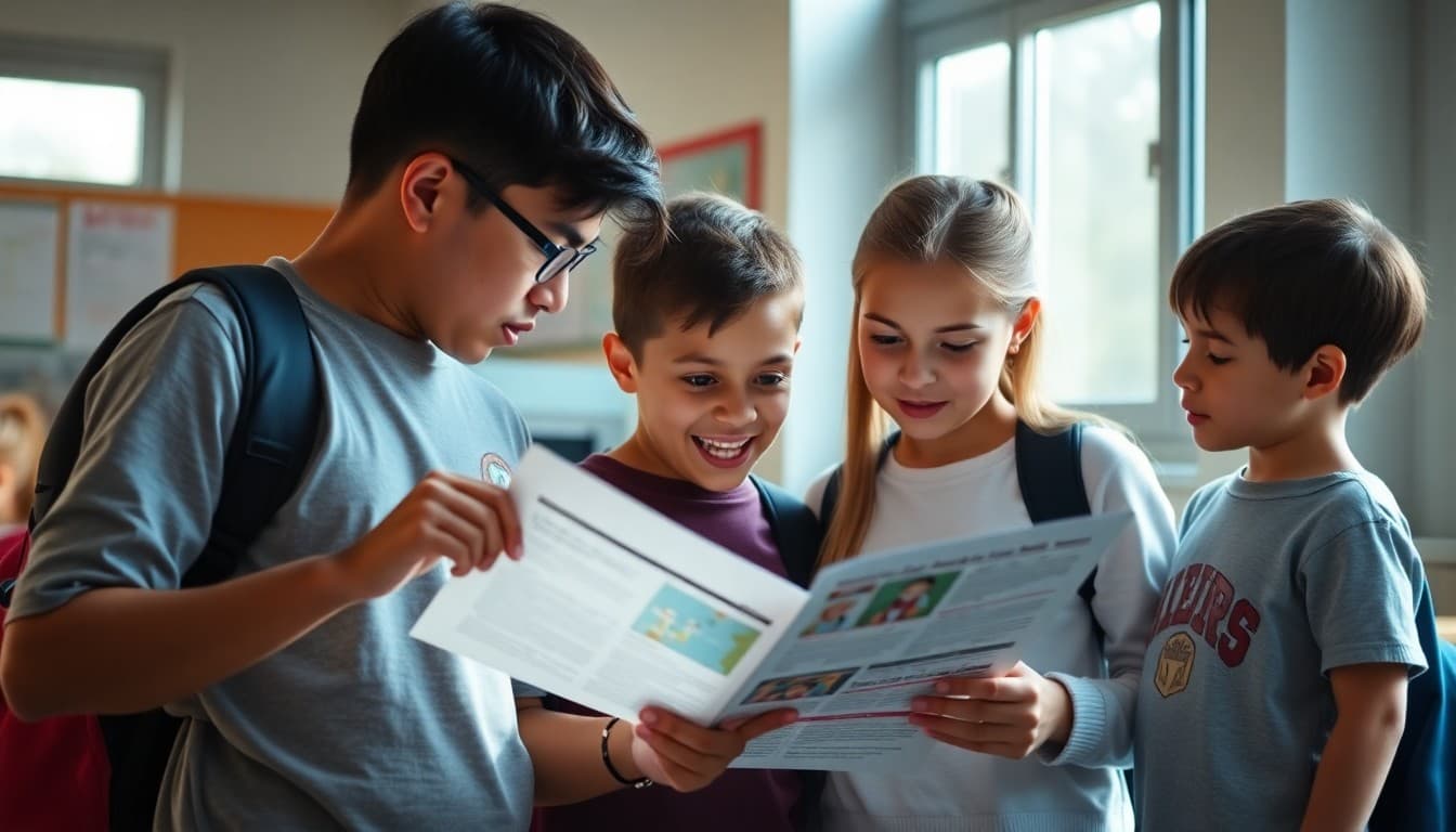 Middle school students and a parent reviewing a school newsletter together