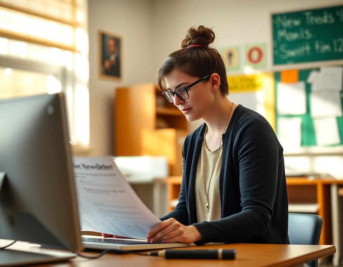 Middle school creative writing teacher reviewing newsletter examples on classroom computer