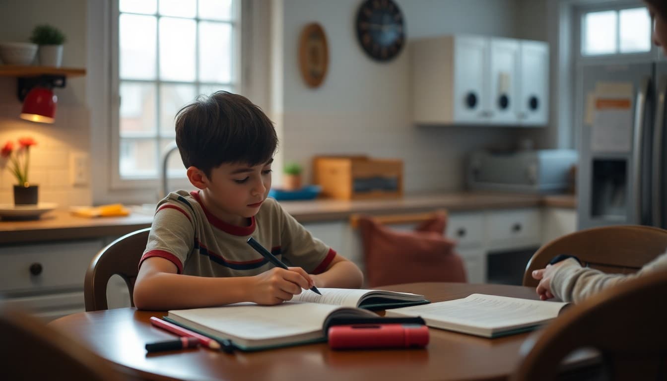 Parent sitting with middle school student helping with creative writing homework at kitchen table