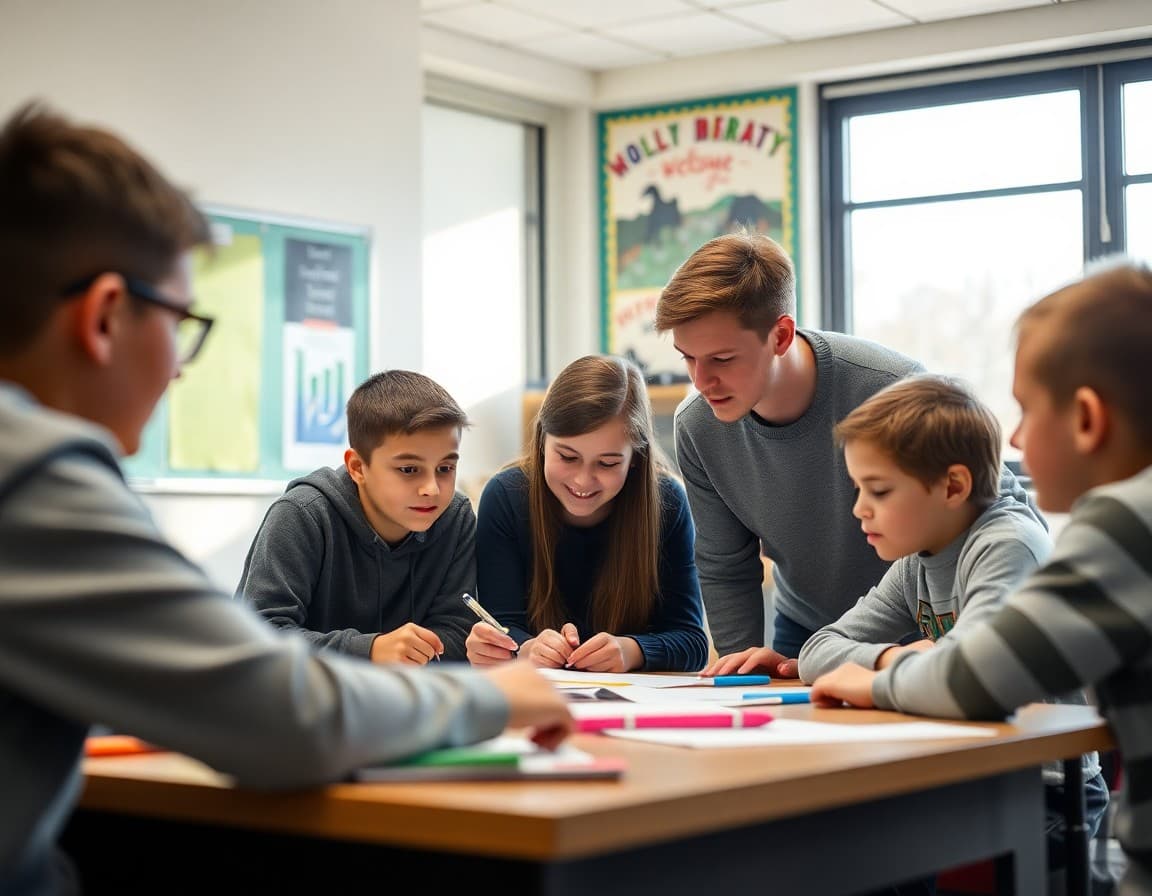 Delaware middle school students working on a project with their teacher in a classroom