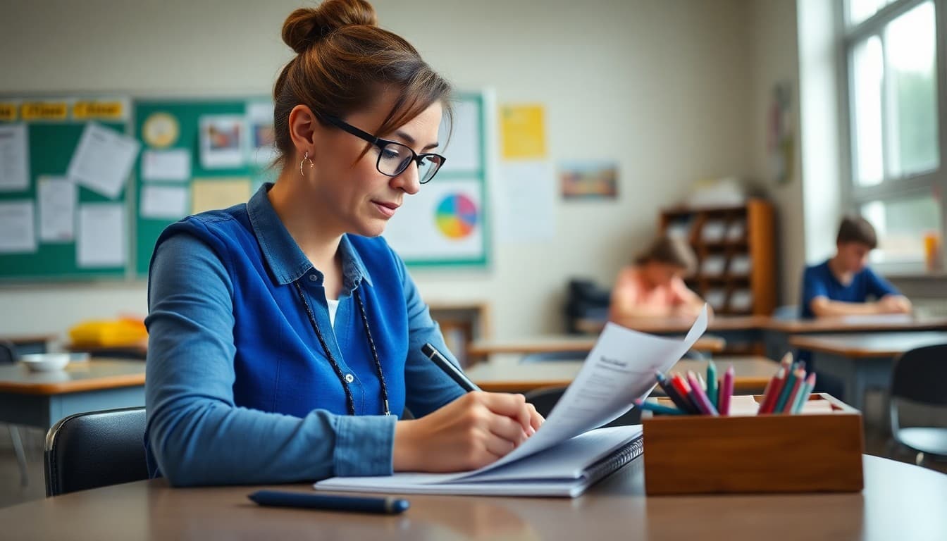 Middle school teacher in Delaware writing a parent newsletter at a desk in a classroom