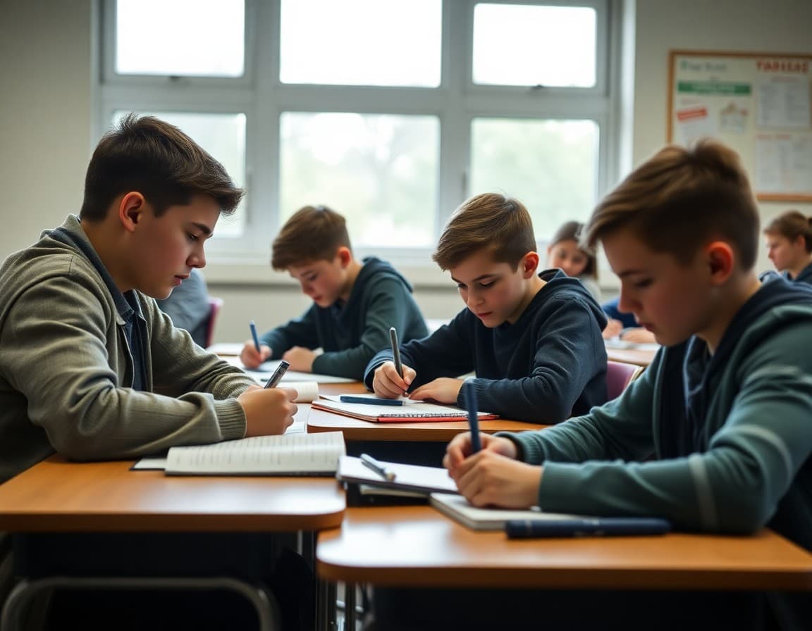 Middle school students taking notes and preparing arguments during a debate class preparation period
