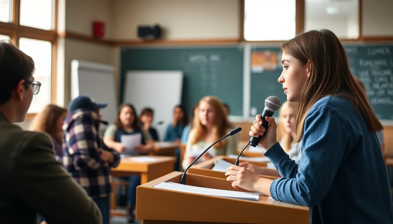 Middle school debate students presenting arguments from a podium in a classroom tournament setting