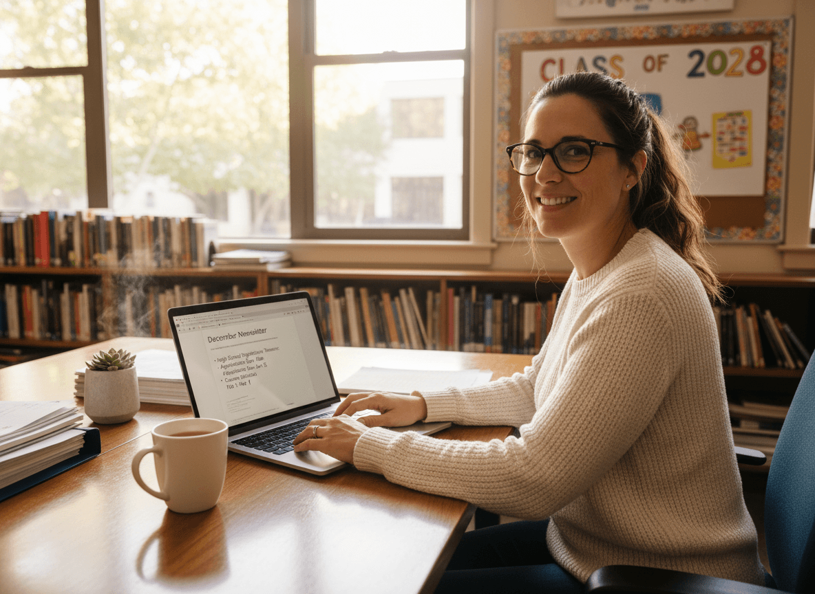 Eighth grade teacher writing December newsletter with high school registration timeline visible on computer