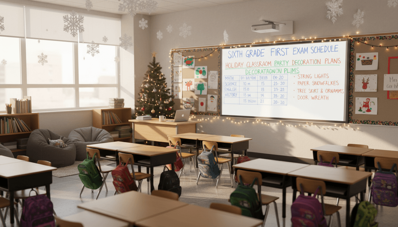 Sixth grade classroom December with first semester exam schedule and holiday classroom party decoration plans