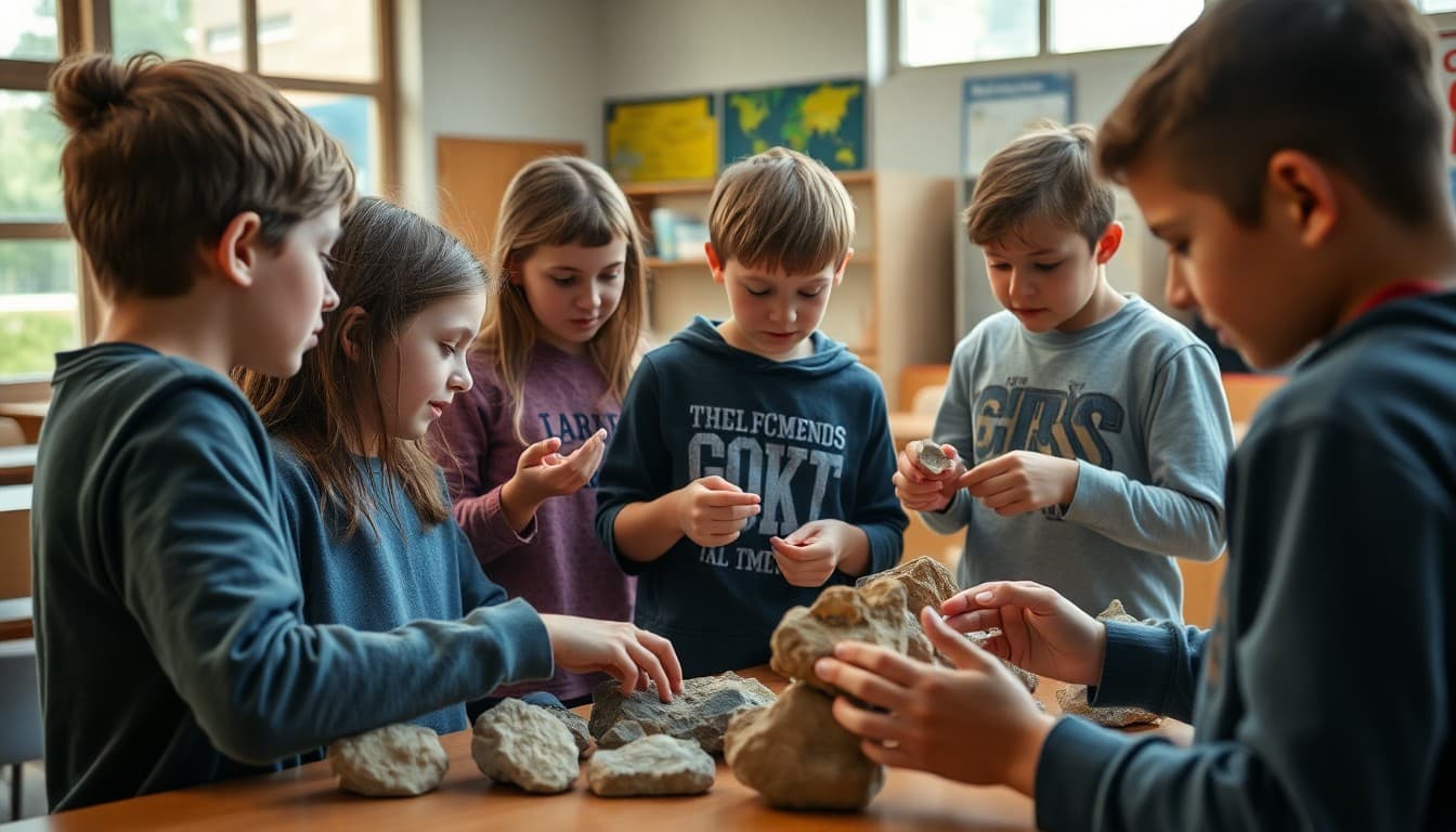 Middle school students examining rock samples and geological maps during an earth science lab