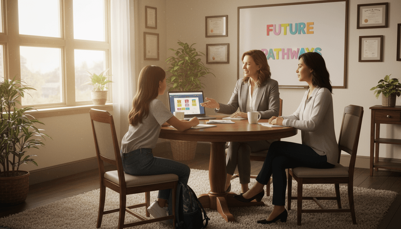 School counselor meeting with an 8th grade student and parent in a conference room