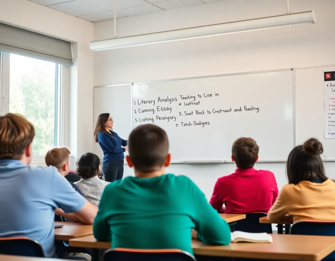 Teacher writing a literary analysis essay structure on a whiteboard for 8th grade students