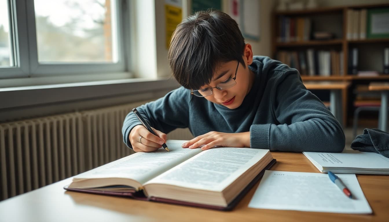Eighth grade student annotating a novel at a desk with a drafted essay visible beside it