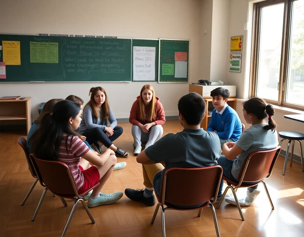8th grade advisory class sitting in a circle for a community-building discussion near the end of the year