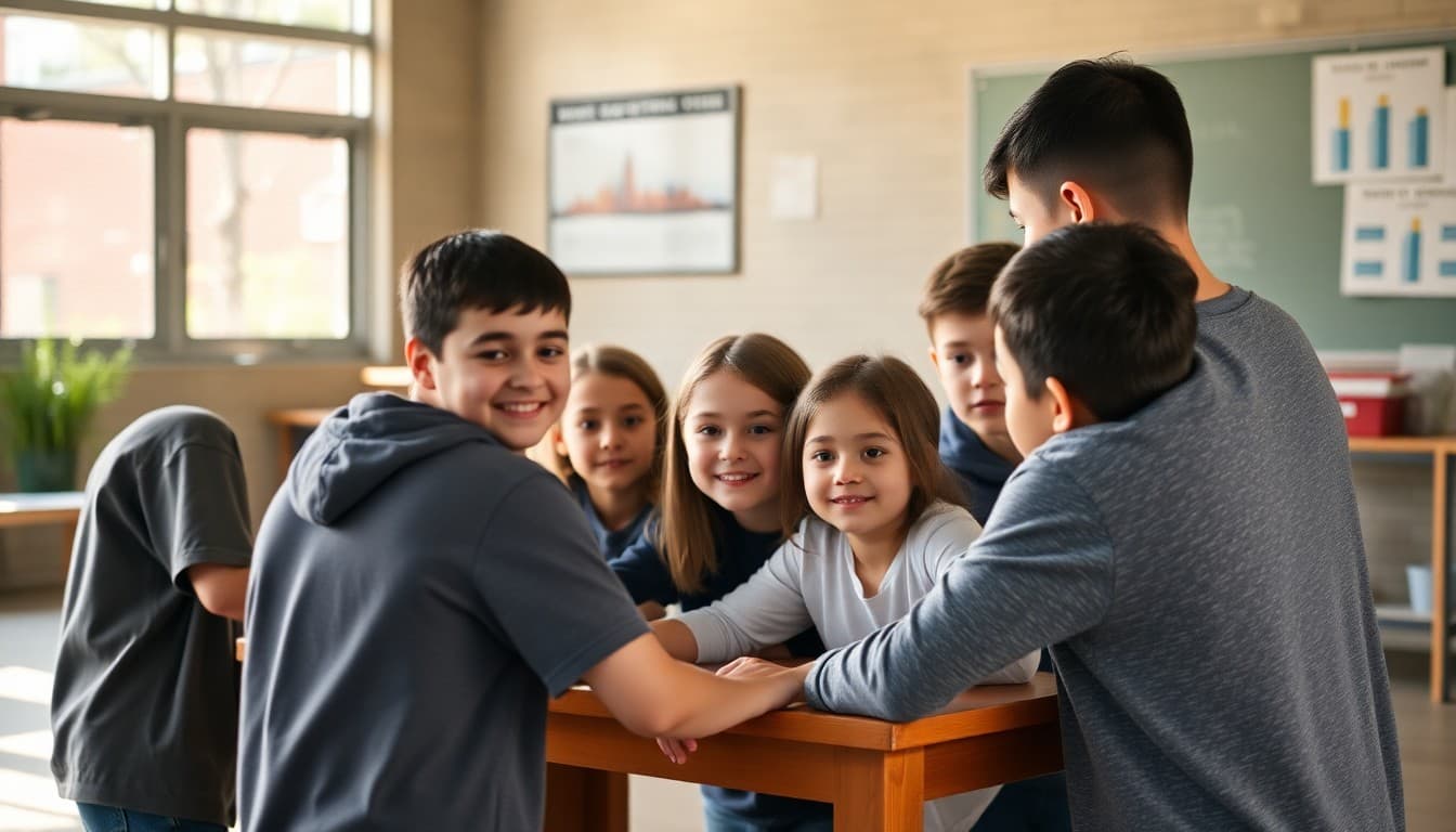 Eighth grade class in an outdoor community-building activity with students working as a team