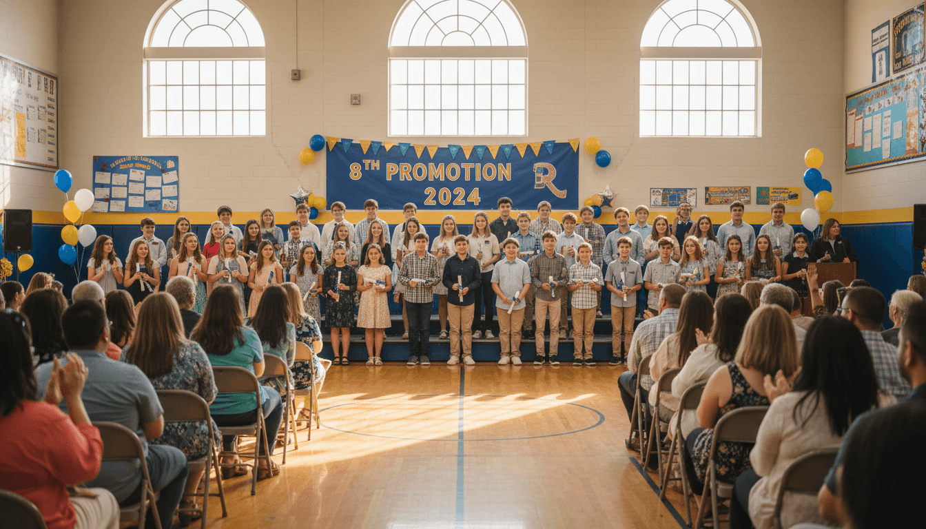 Eighth grade students at a promotion ceremony with families watching in the gymnasium