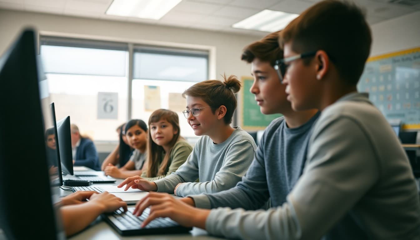 Eighth grade students discussing digital citizenship concepts in a technology classroom