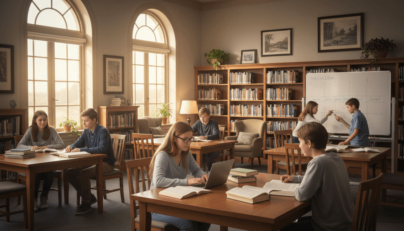 Eighth grade gifted students working on an independent research project in a library setting