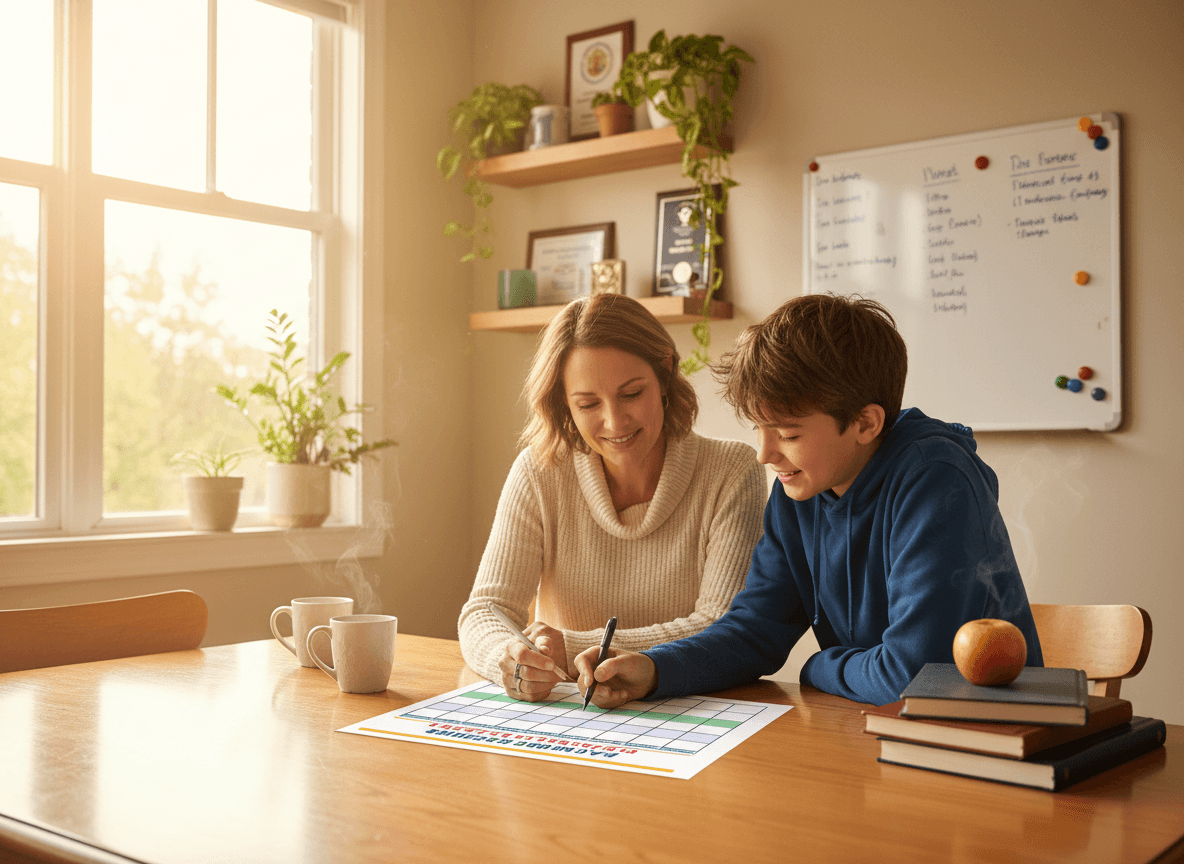 Parent and 8th grade student reviewing a homework schedule together at the kitchen table
