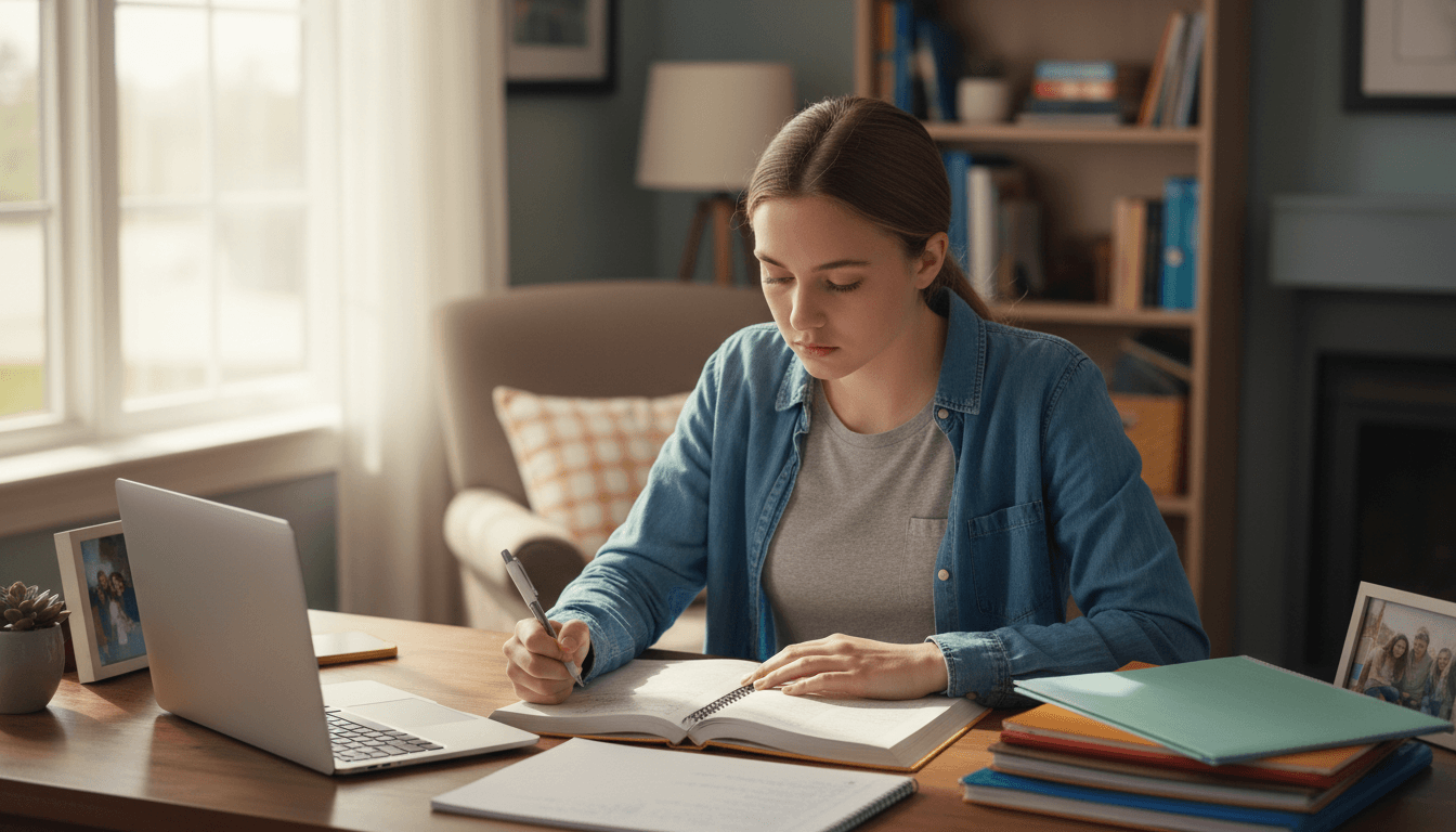 Eighth grade student sitting at a desk at home completing homework assignments