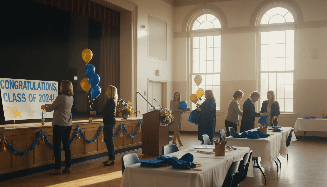 Parent volunteers setting up decorations for an 8th grade promotion ceremony