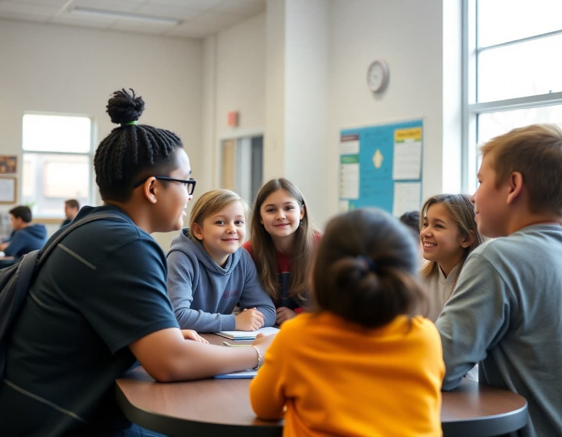 8th grade mentor program with older students advising younger students in a school common area