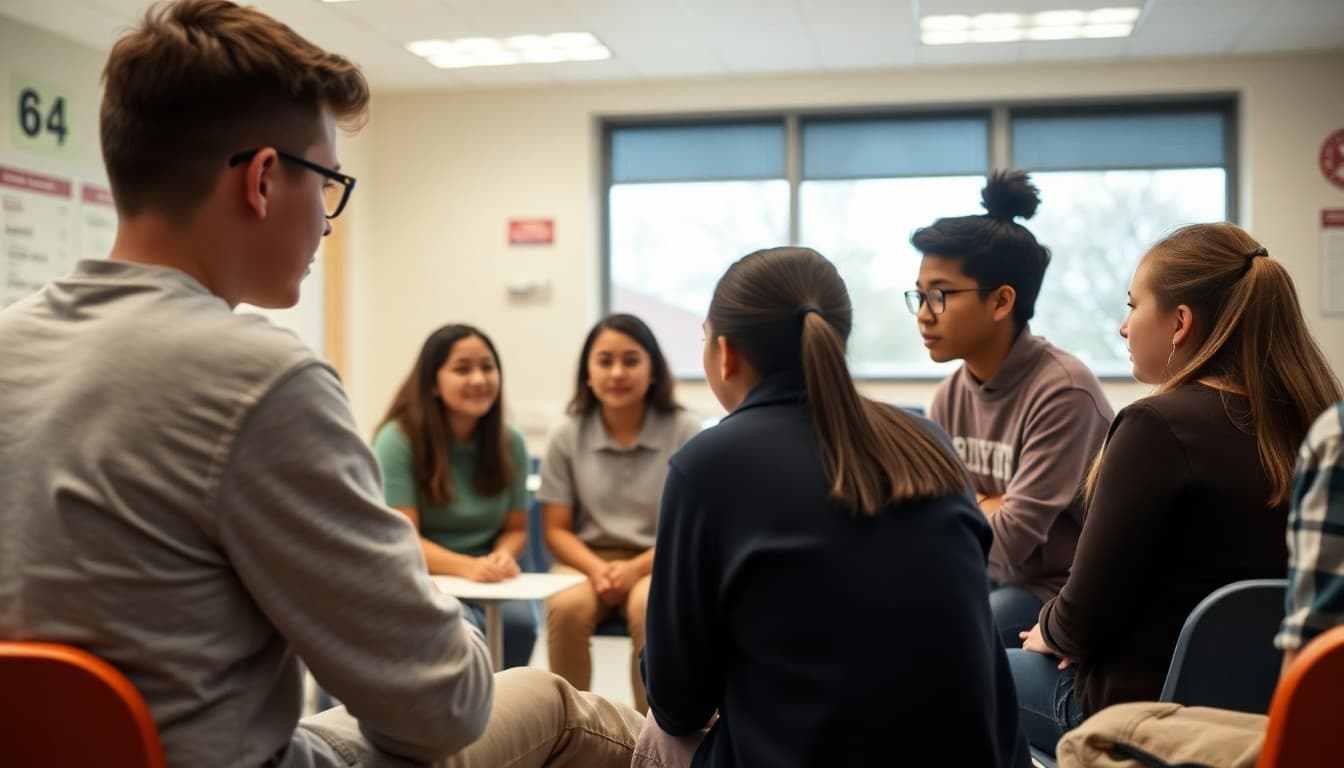 Eighth grade students in a circle discussion during advisory class working on social skills