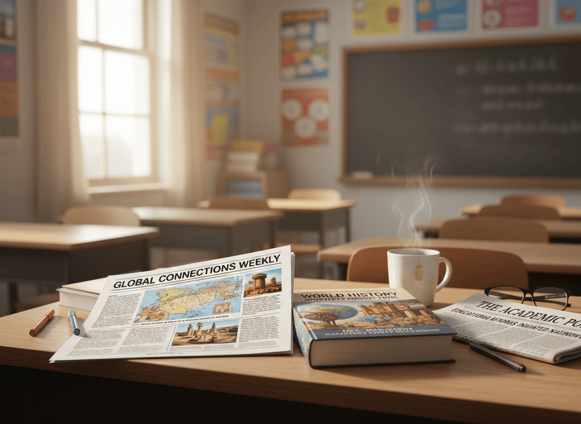 Social studies newsletter printout beside a textbook and a newspaper on a classroom desk
