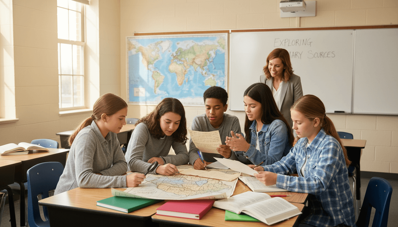 Eighth grade students in a social studies classroom examining historical maps and primary source documents