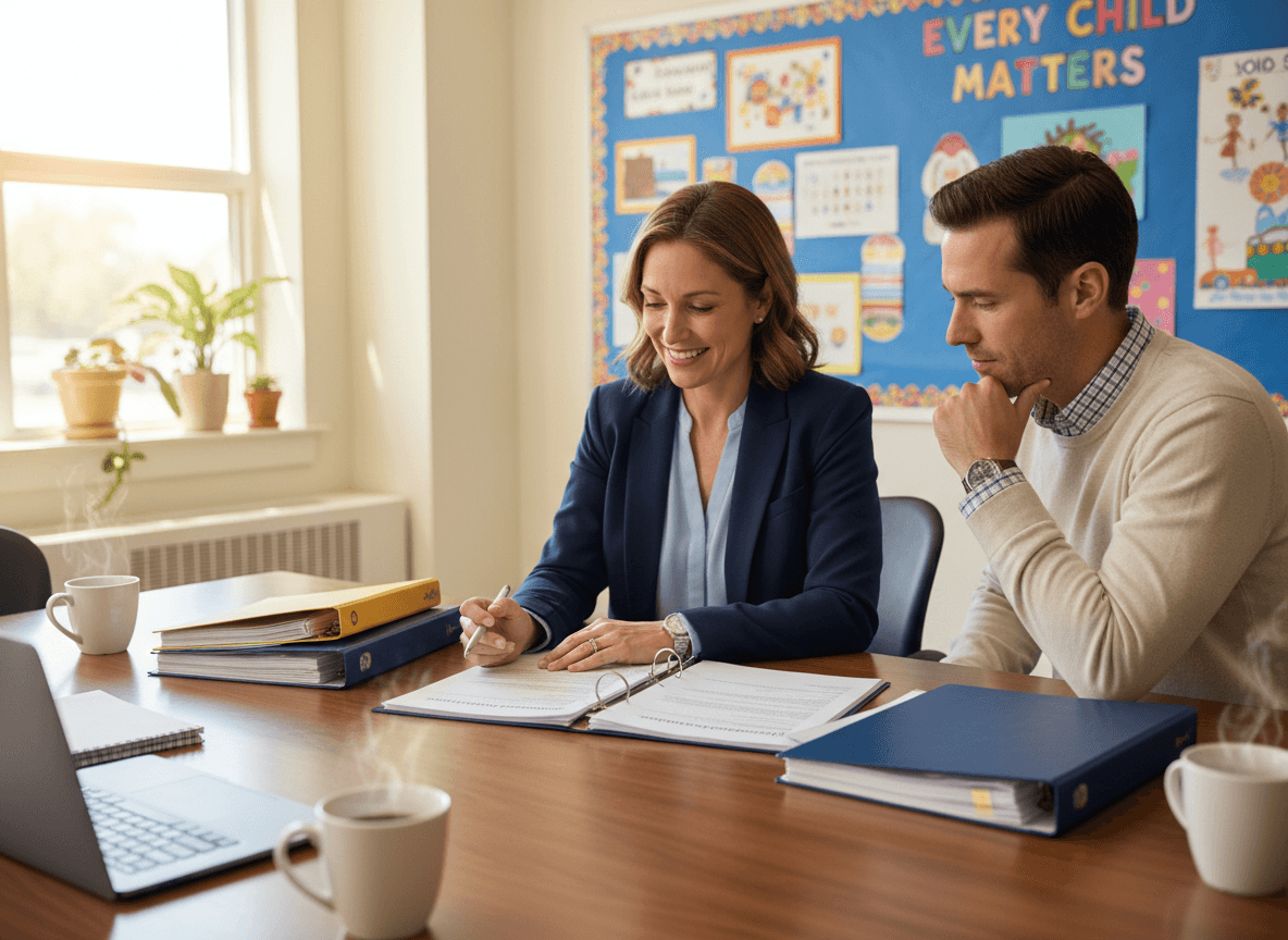 Parent and special education teacher reviewing a student's IEP documents together during a meeting
