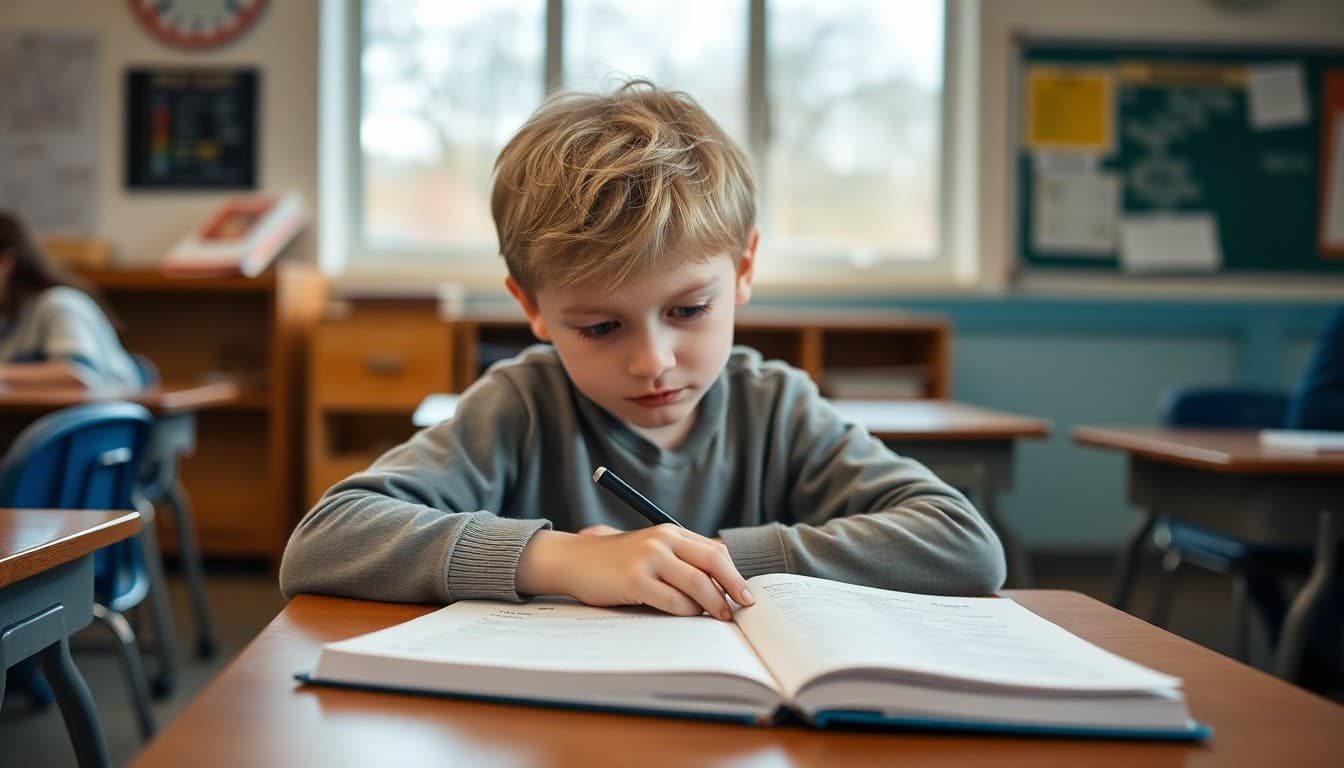 Eighth grade student studying vocabulary and spelling words with a notebook open at a desk