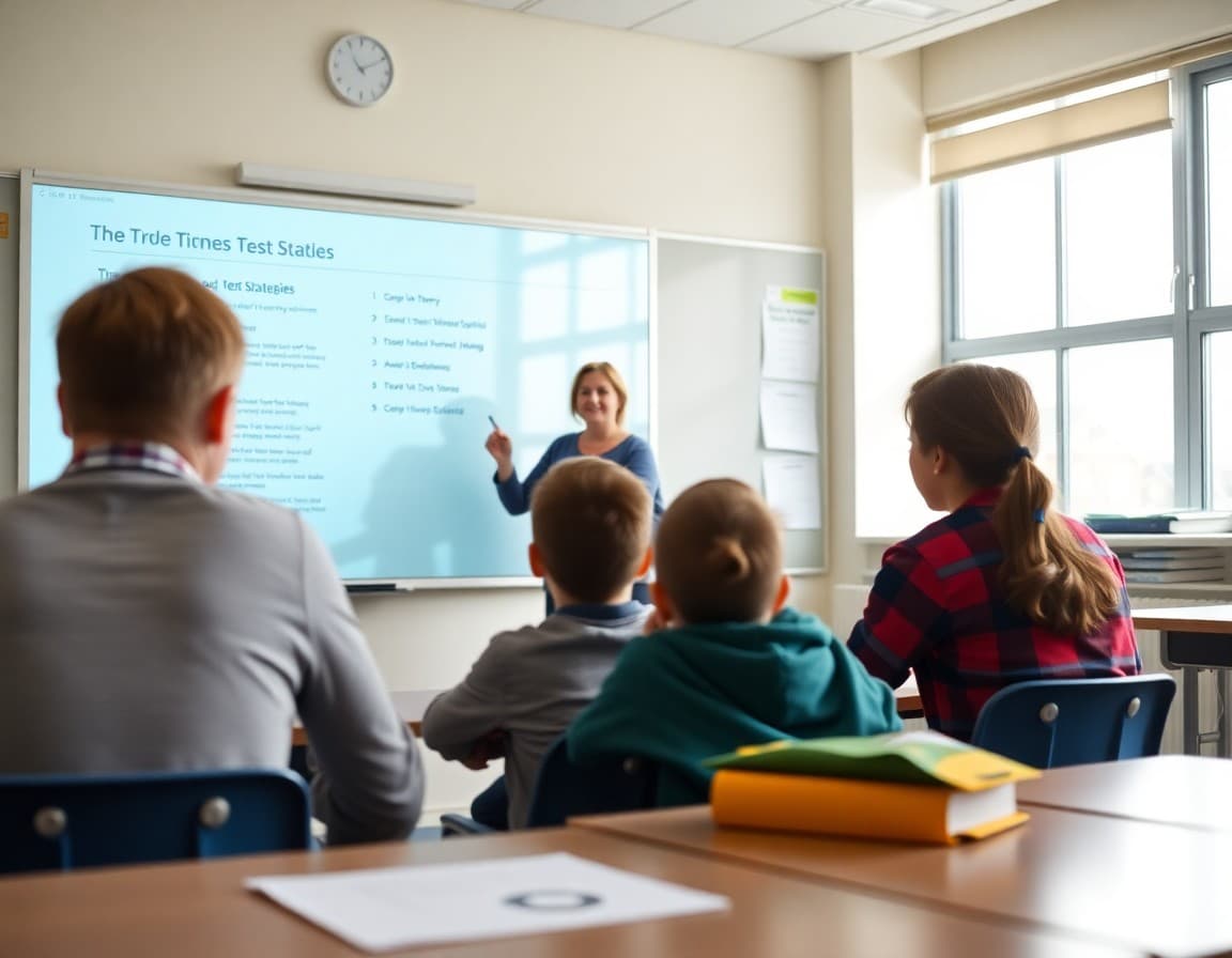 Teacher reviewing test prep strategies with 8th grade students on a classroom smartboard