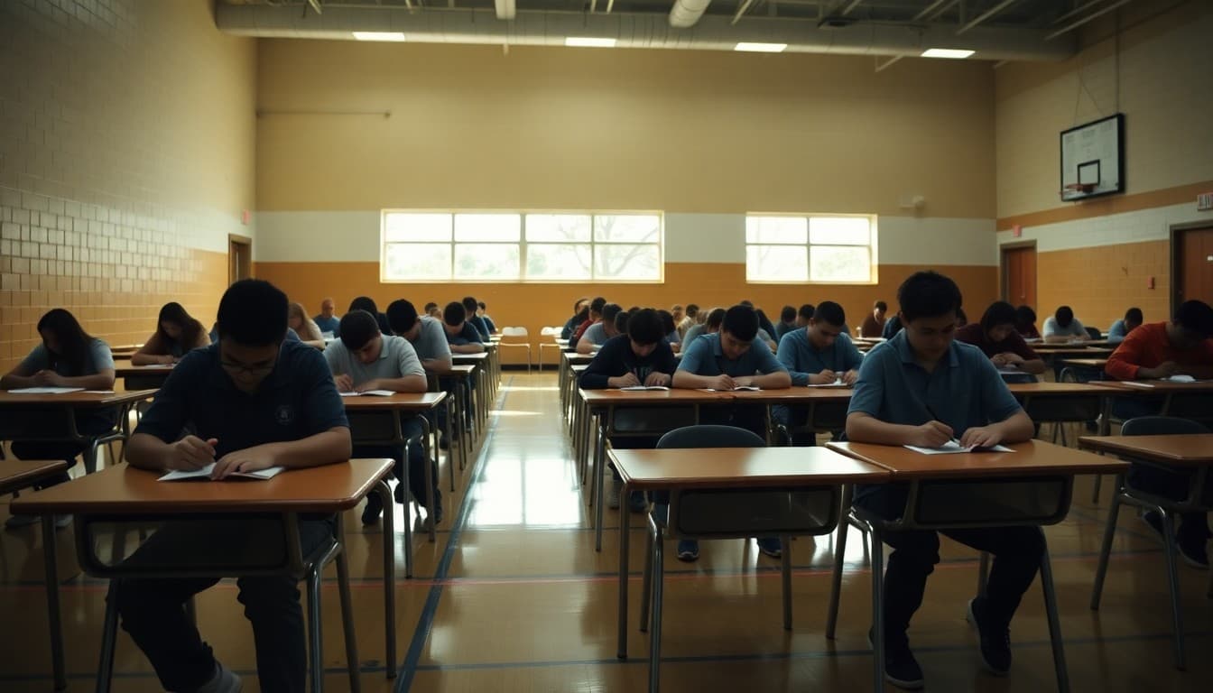 Eighth grade students taking a standardized test in a quiet gymnasium with rows of individual desks