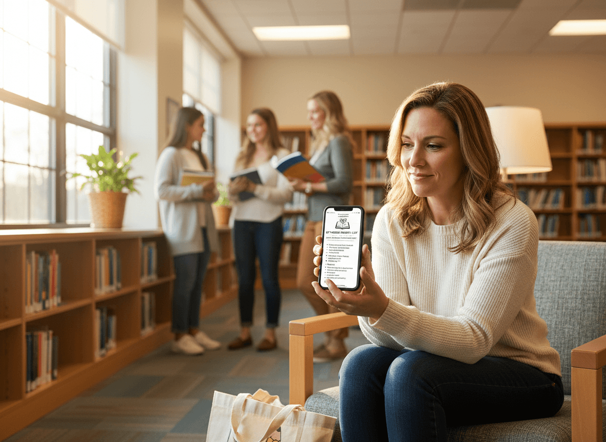 Parent reviewing an 8th grade supply list newsletter on a phone before back-to-school shopping