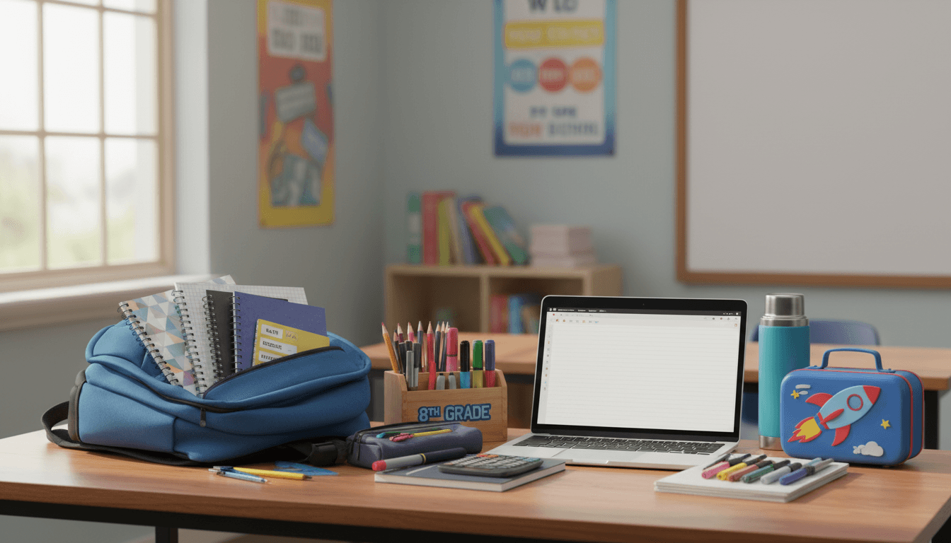 Back-to-school supplies laid out on a desk for an 8th grade student