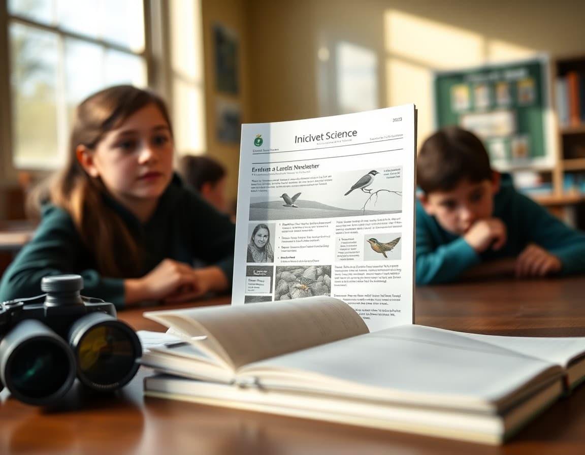 Beginning of year environmental science newsletter for middle school beside a field journal and binoculars