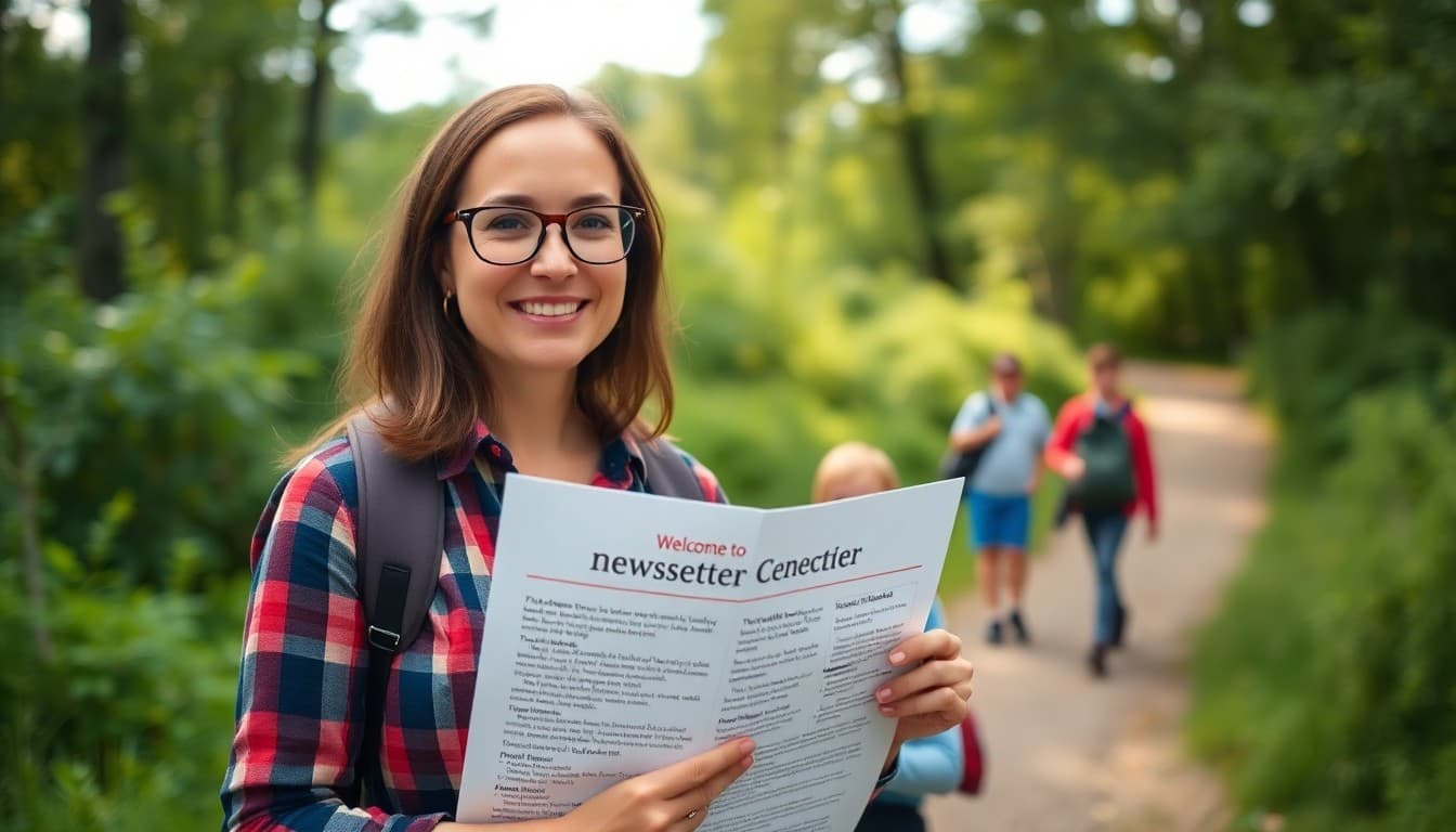 Middle school environmental science teacher holding a welcome newsletter outside on a nature trail