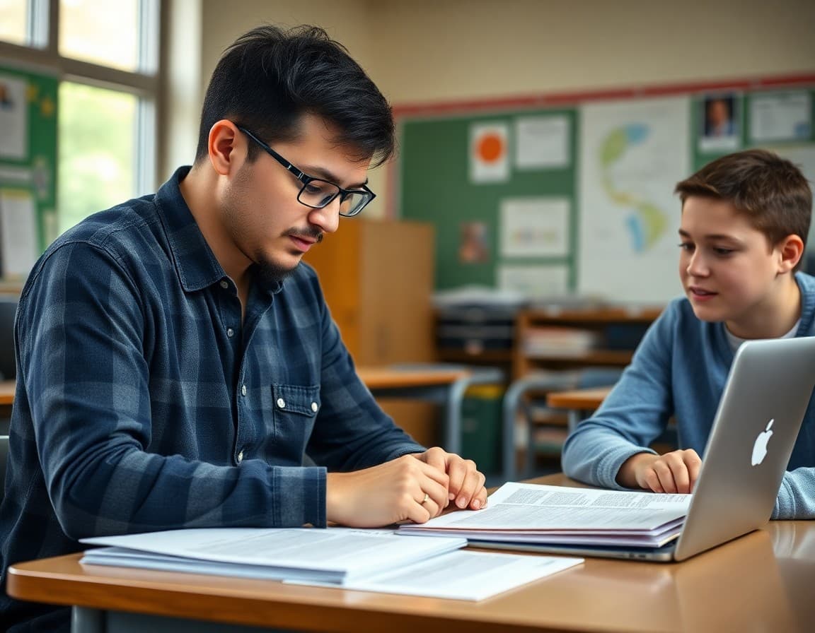 Middle school environmental science teacher reviewing newsletter drafts at a desk