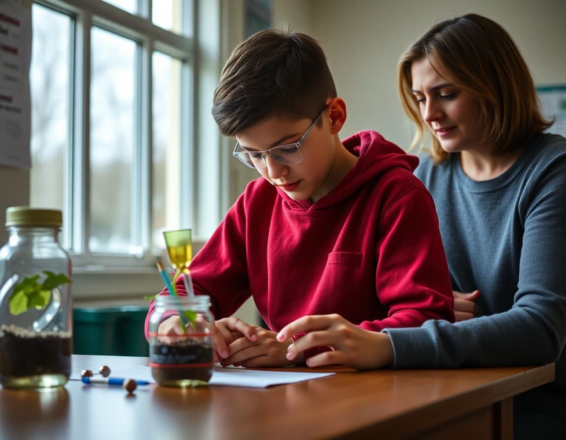 Middle school student working on an environmental science project with a parent nearby