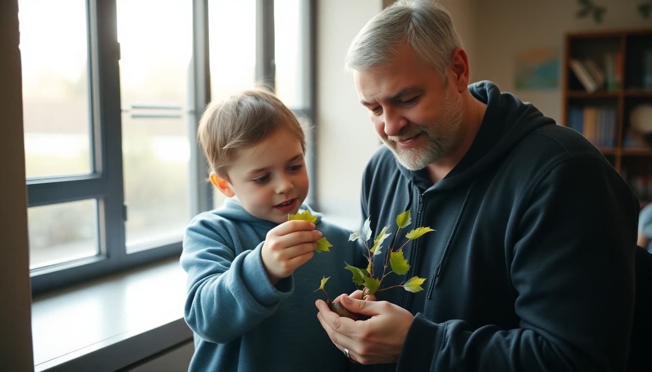 Parent and middle school student examining leaves and discussing ecosystems outside