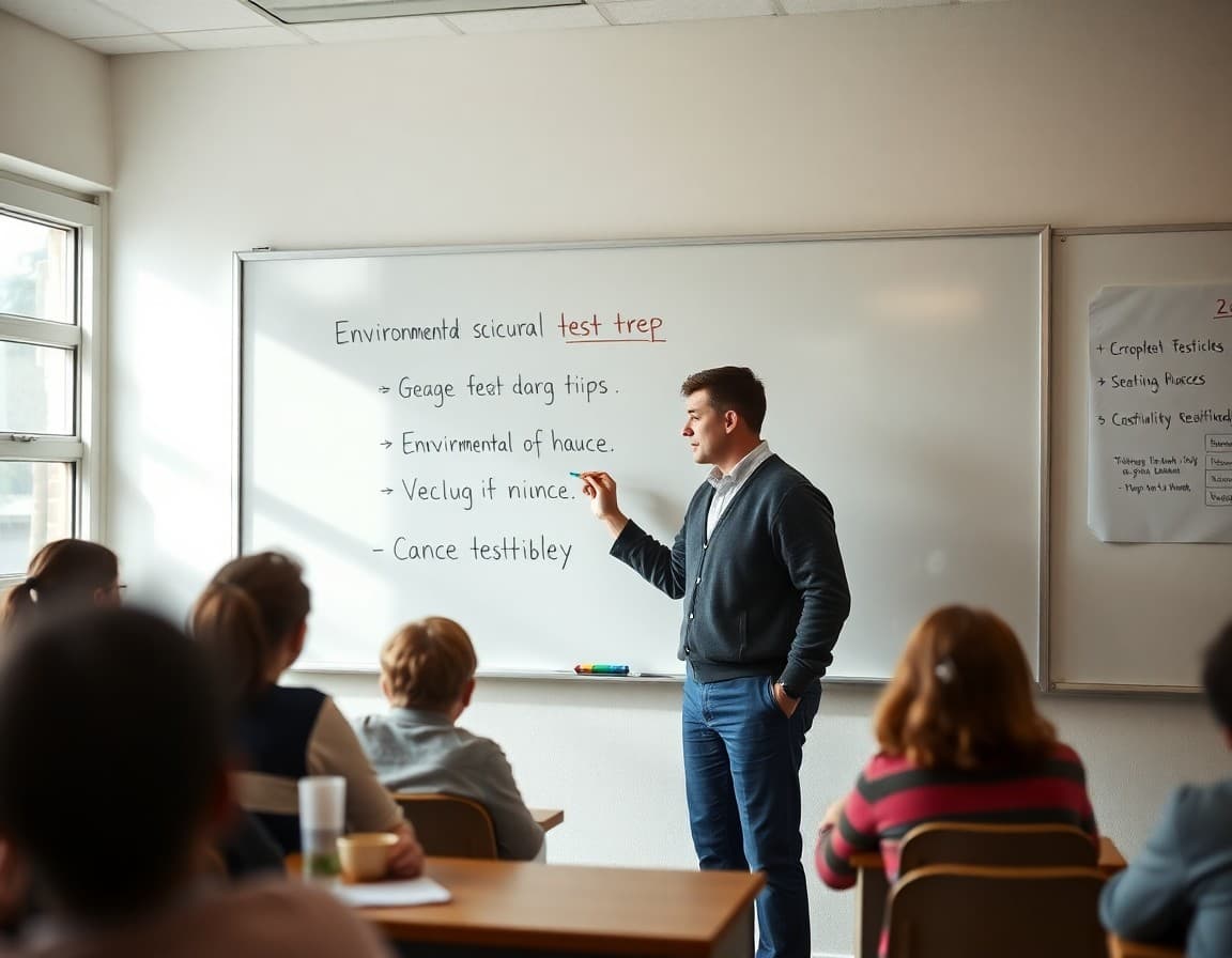 Teacher writing environmental science test prep tips on a classroom whiteboard