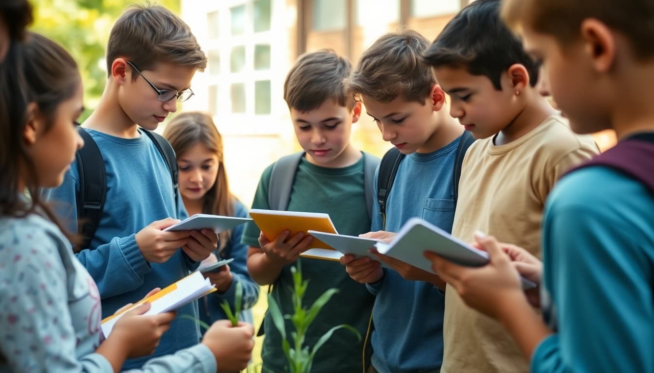 Middle school students conducting an environmental science investigation outdoors with notebooks