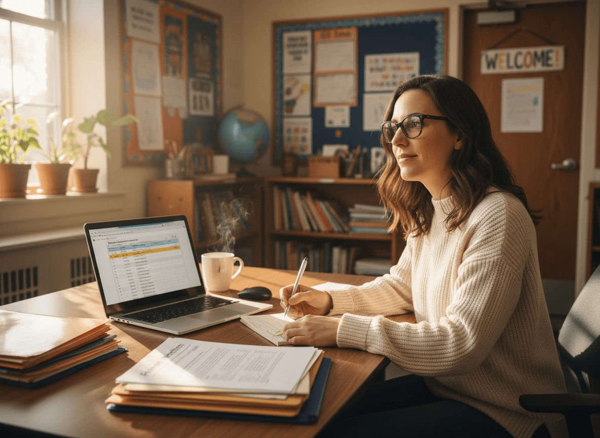 Eighth grade teacher reviewing high school placement data before writing February newsletter