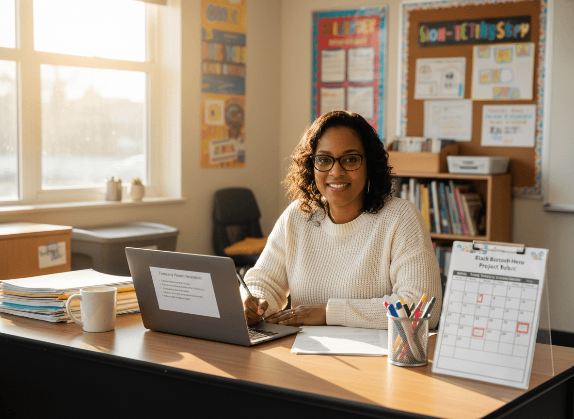 Middle school teacher at desk drafting a February parent newsletter with a Black History Month project rubric and testing calendar